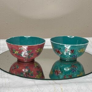 Vtg Chinese Turquoise & Pink Rice Bowls Porcelain Handpainted Floral set of 2